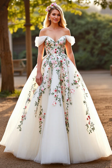 Robe de mariée florale en tulle blanc à épaules dénudées